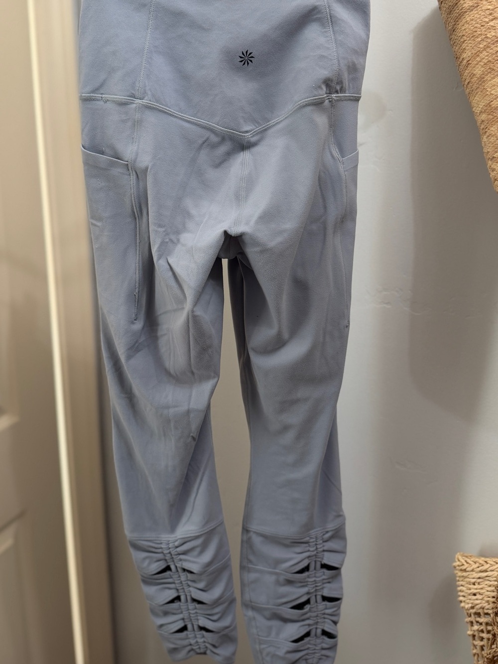 Athleta Light Gray Capri Leggings with Ruched Ankle and Side Pockets